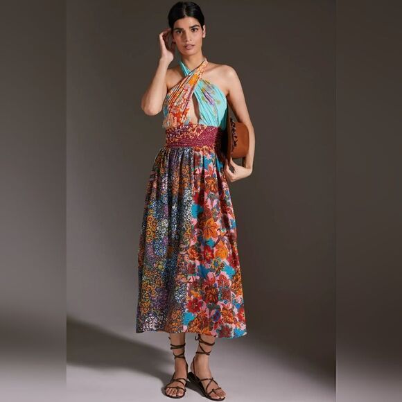 Love The Label Anthropologie Ivy Printed Patchwork Halter Maxi Dress Size XS NWT - Picture 1 of 12